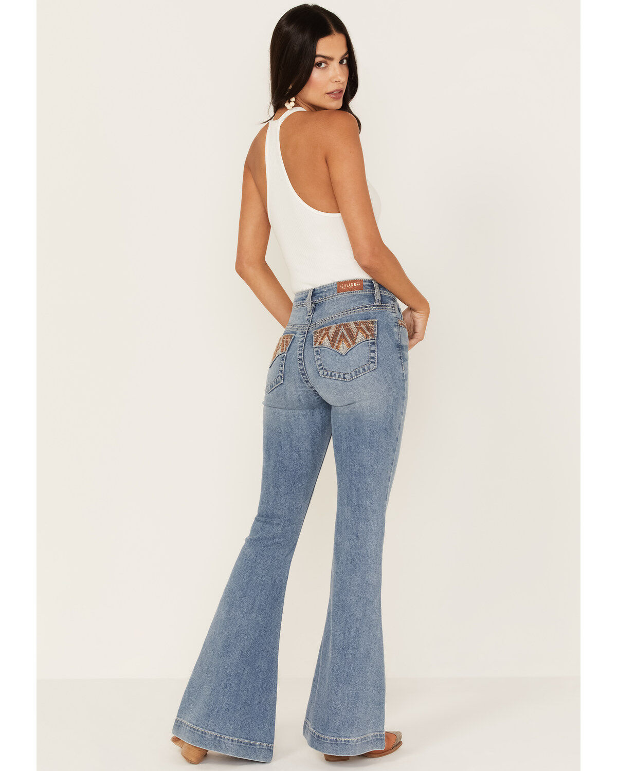 Image #1 - Shyanne Women's Chevron Embroidered Light Wash Mid Rise Flare Jeans, , hi-res