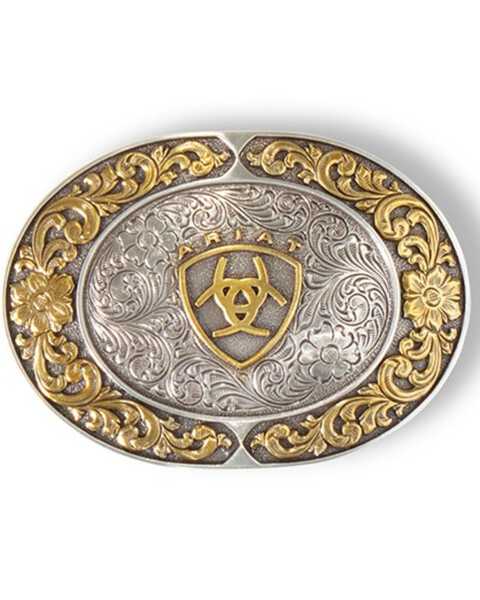 Ariat Women's Floral Smooth Edge Oval Belt Buckle, Silver, hi-res