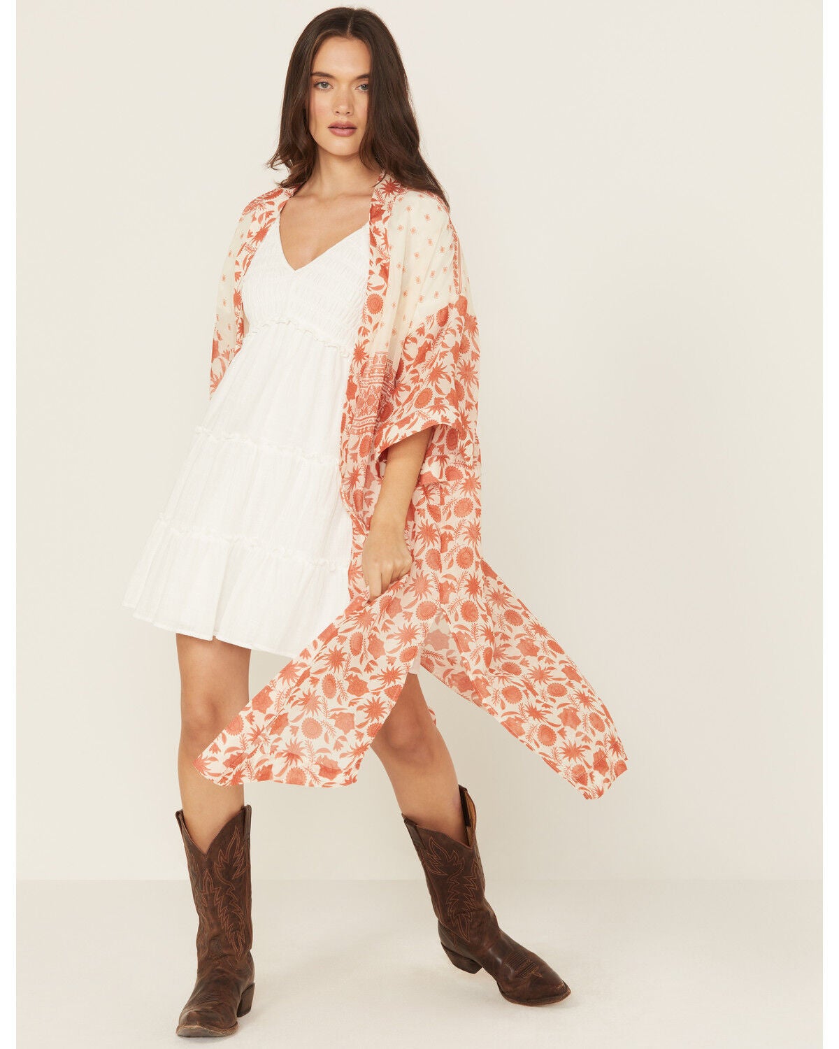 Ariat Women's Floral Print Kimono, Brown, hi-res