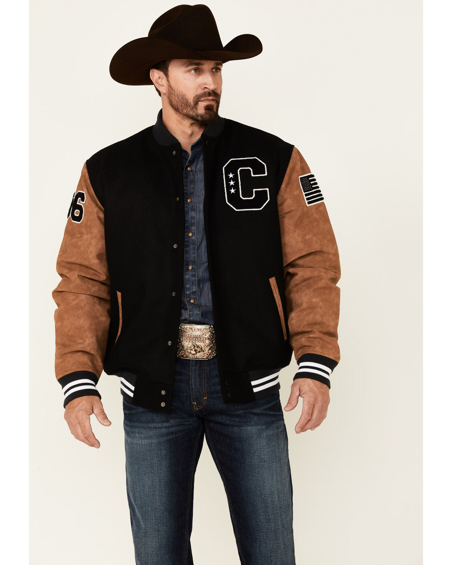 Cinch Men s Suede Sleeve Wool Blend Snap Front Letterman Jacket