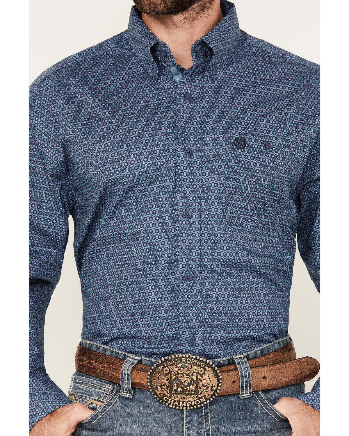 Image #3 - George Strait by Wrangler Geo Print Long Sleeve Button-Down Stretch Western Shirt, Navy, hi-res