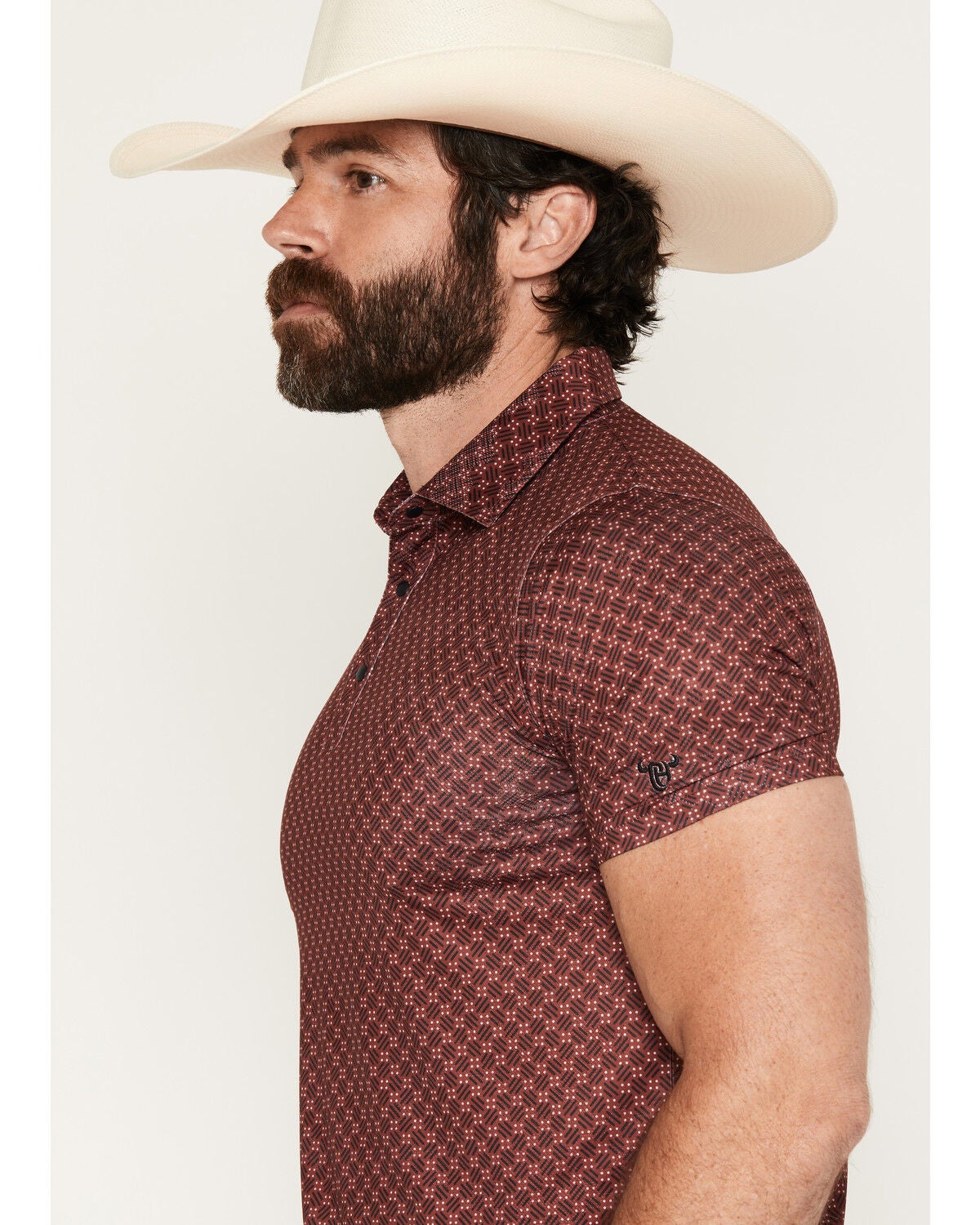 Image #2 - Cowboy Hardware Men's Mose Geo Print Short Sleeve Snap Polo, Maroon, hi-res