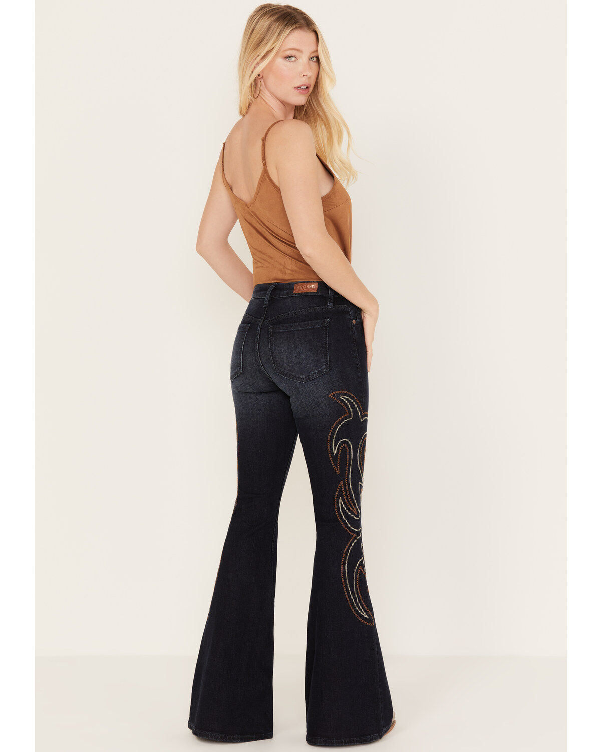 Product Name:  Shyanne Women's Dark Wash Mid Rise Embroidered Flare Jeans