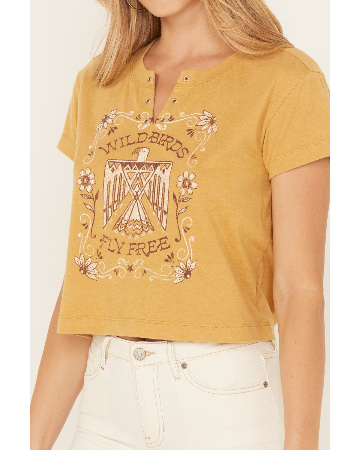 Image #3 - Wild Crow Women's Wild Birds Grommet Short Sleeve Graphic Tee, Mustard, hi-res
