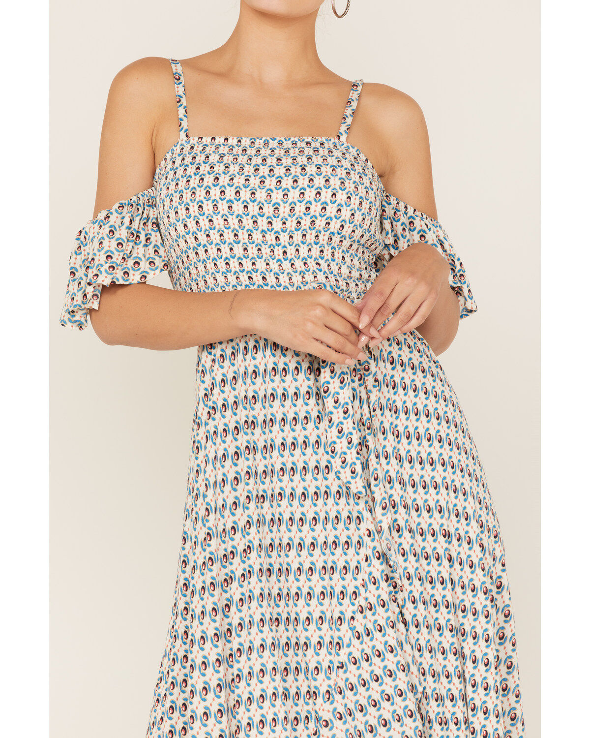 Image #3 - Band of the Free Women's Prism Geo Print Off Shoulder Smocked Wrap Midi Dress, Blue, hi-res