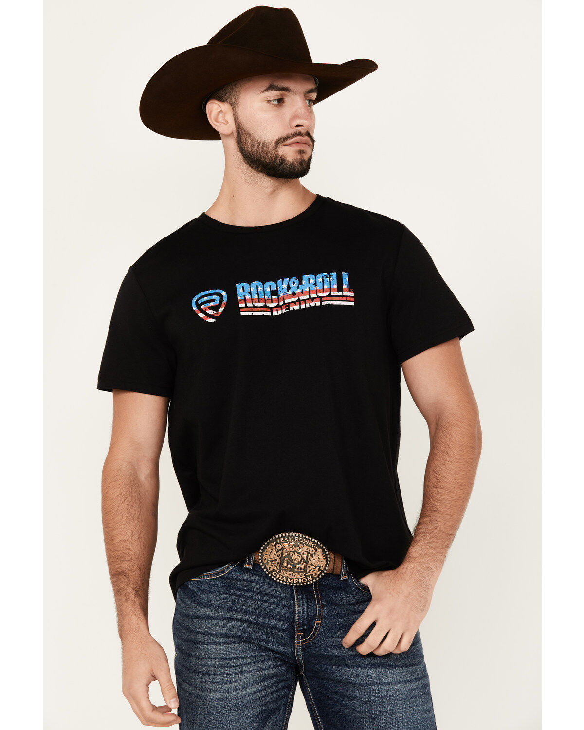 Image #1 - Rock & Roll Denim Men's Americana Logo Short Sleeve Graphic T-Shirt, Black, hi-res