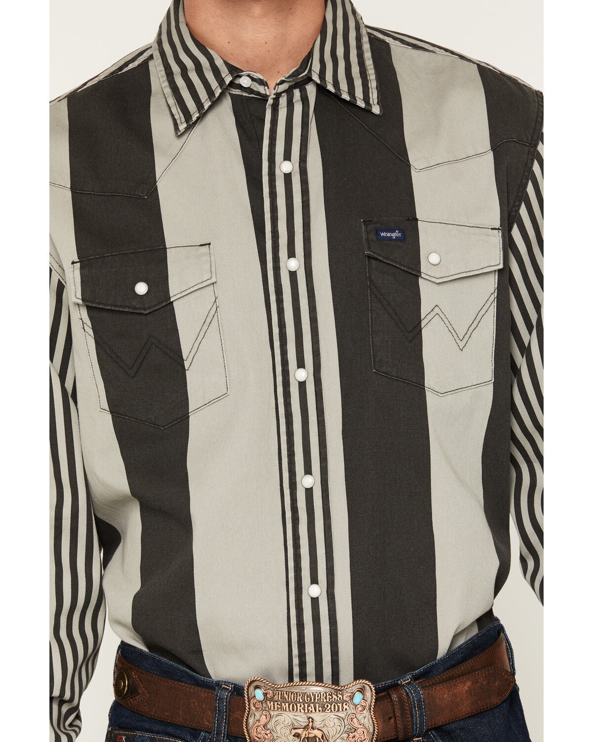 Image #3 - Wrangler Men's Vintage Brushpopper Striped Print Long Sleeve Snap Western Shirt, Grey, hi-res