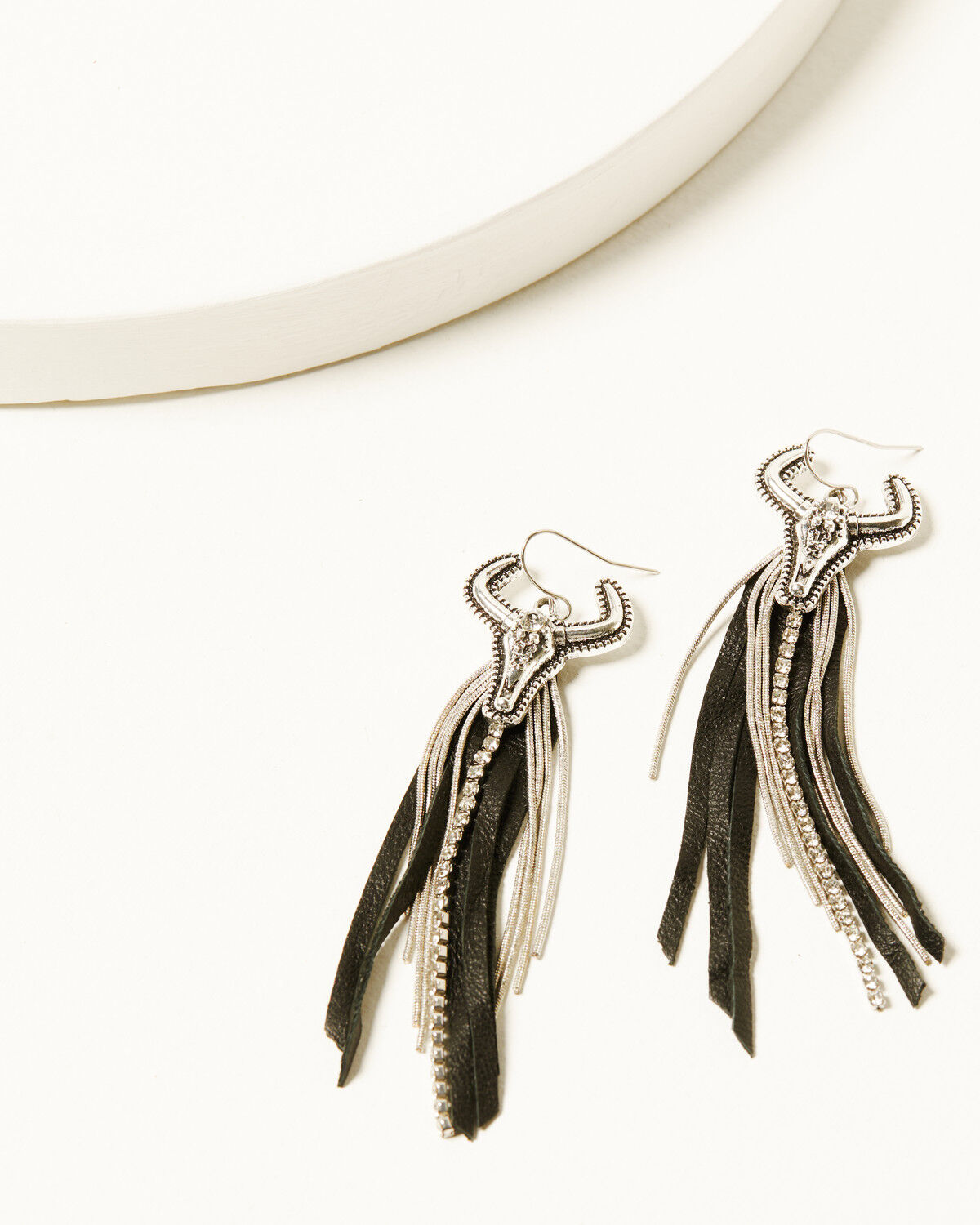 Image #1 - Shyanne Women's Leather Fringe Steer Head Earrings, Silver, hi-res