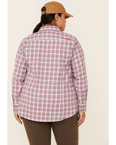 Ariat Women's FR Plaid Print Aja Logo Long Sleeve Button Down Work Shirt - Plus, Lavender, hi-res