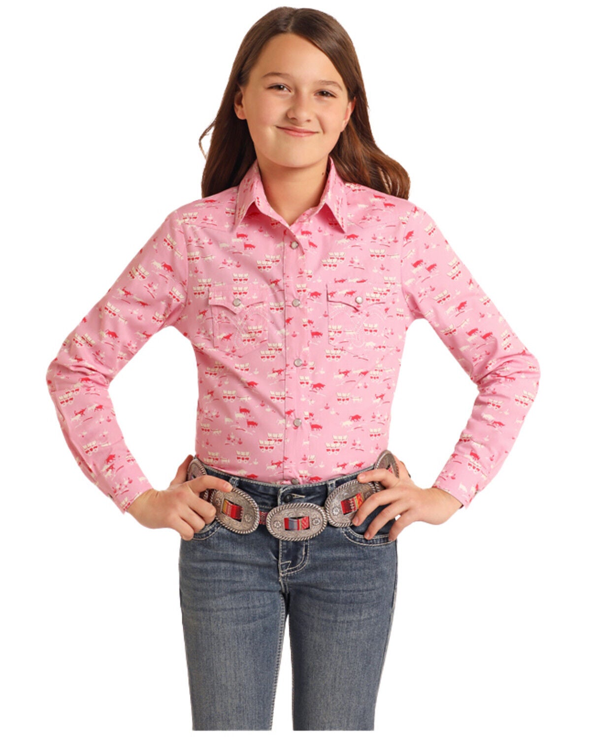 Panhandle Girls' Conversational Print Long Sleeve Pearl Snap Western Shirt, Pink, hi-res