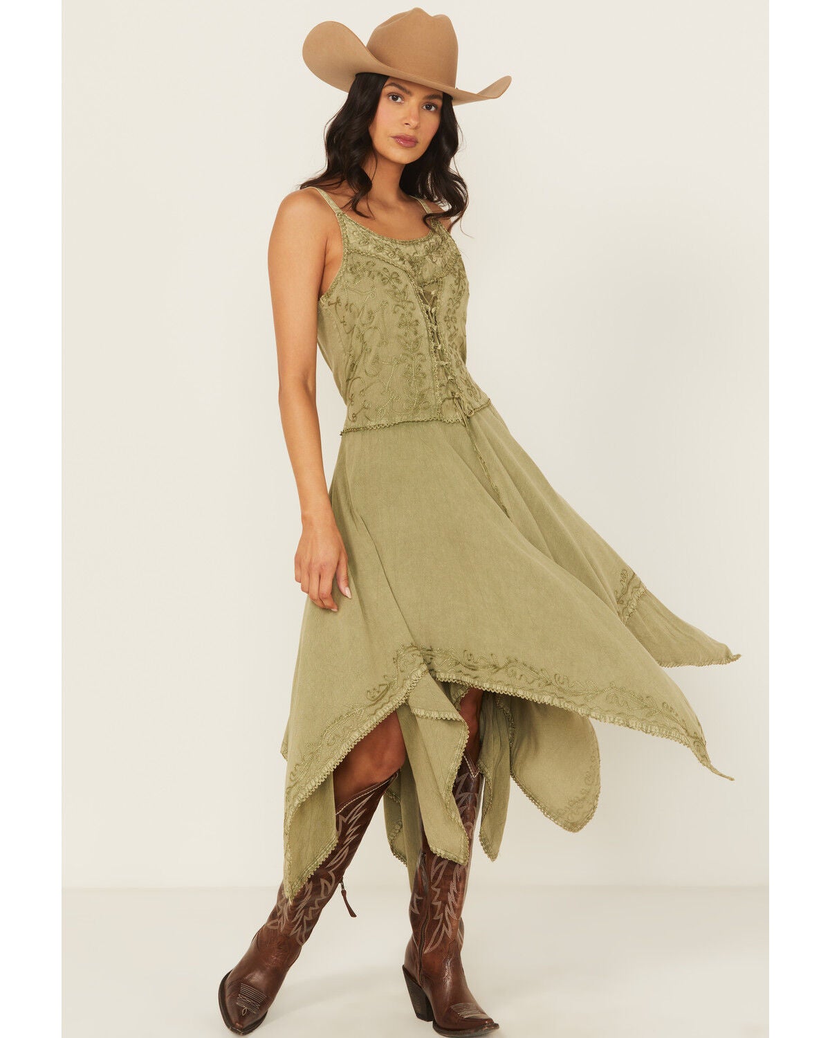 Scully Women's Sleeveless Hanky Hem Jacquard Midi Dress, Olive, hi-res
