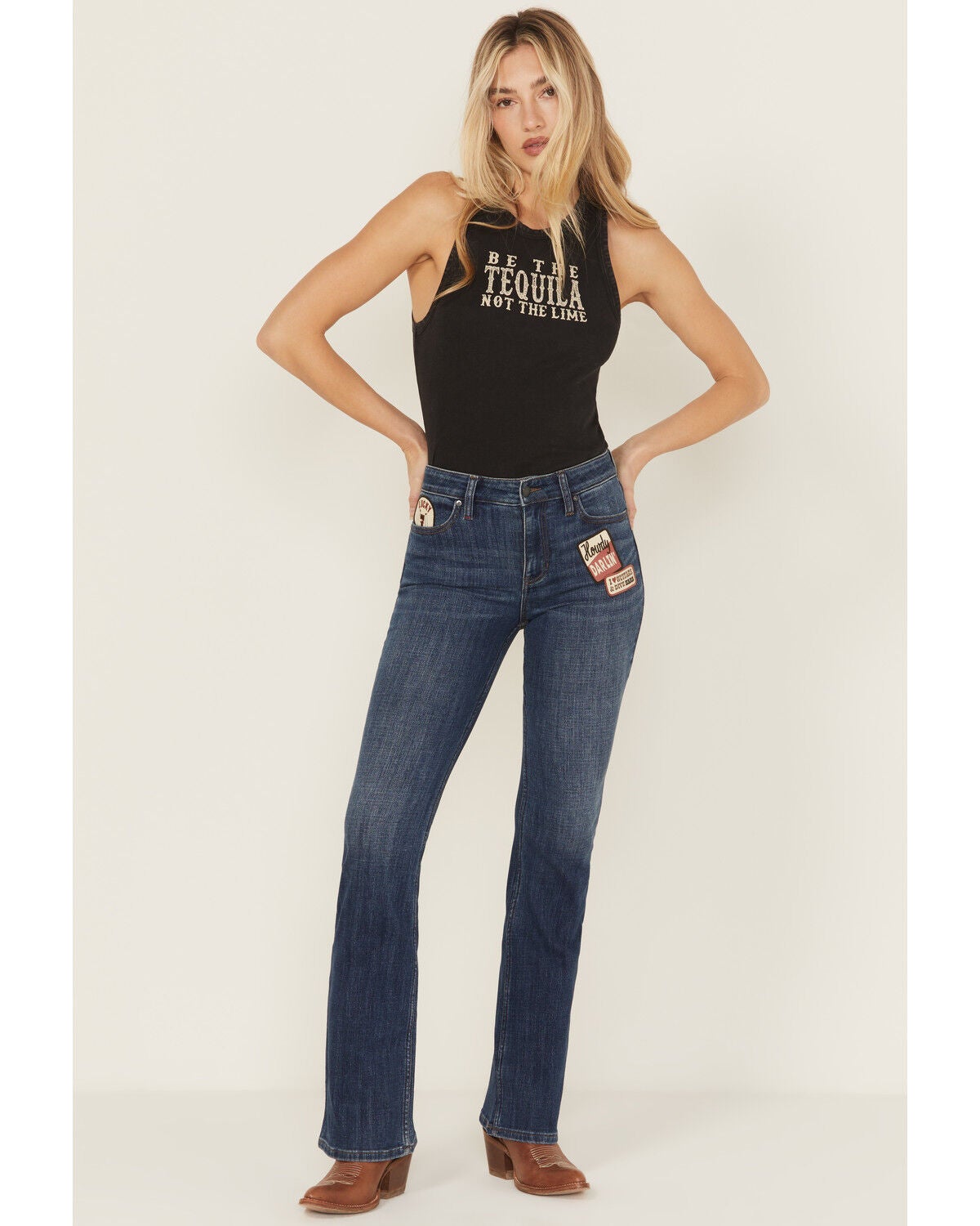 Idyllwind Women's Ellwood Dark Wash High Rise Patch Bootcut Super Stretch Denim Jeans, Dark Wash, hi-res