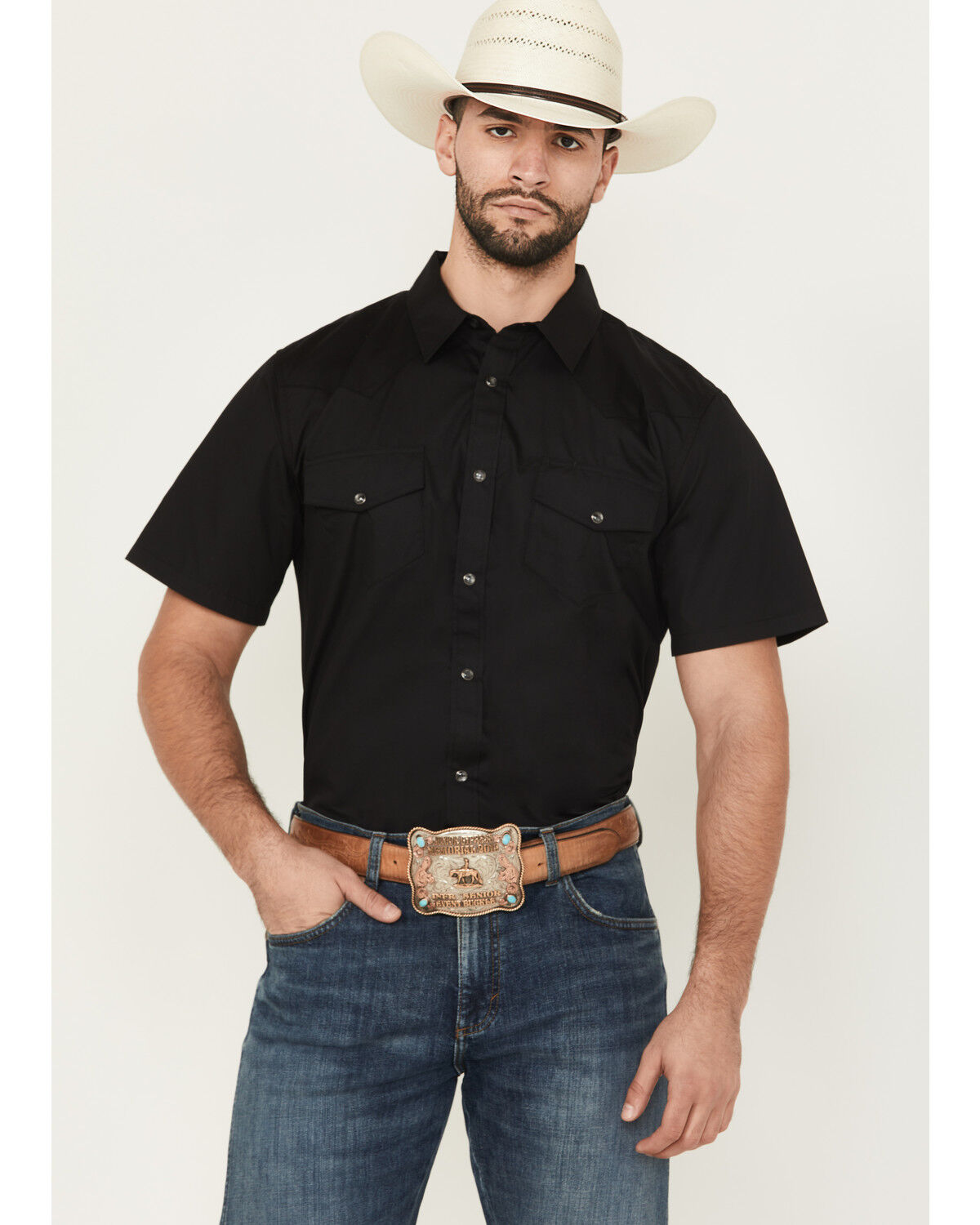 Gibson Men's Solid Pearl Snap Short Sleeve Western Shirt, Black, hi-res