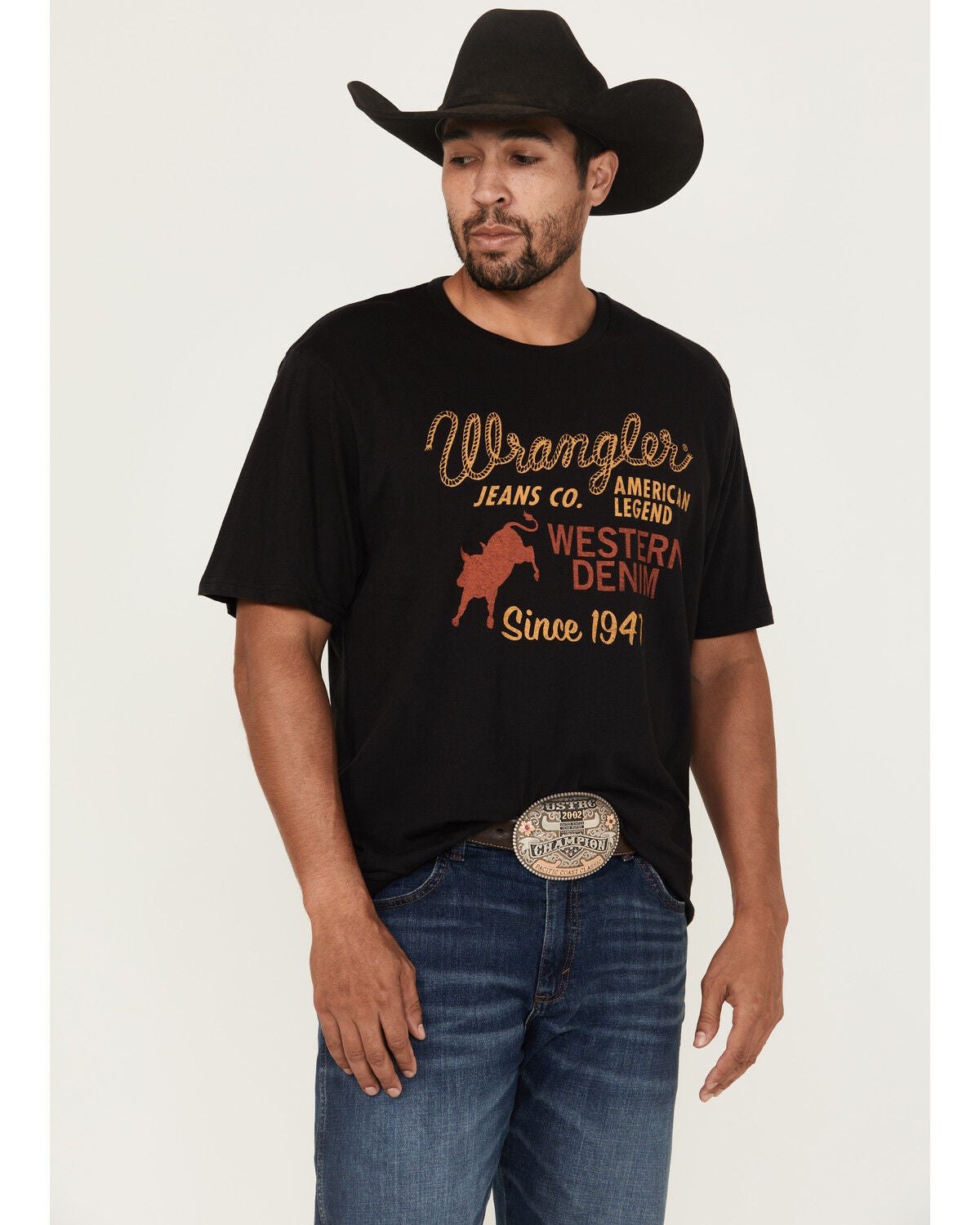 Wrangler Men's Western Denim Logo Short Sleeve Graphic T-Shirt, Black, hi-res