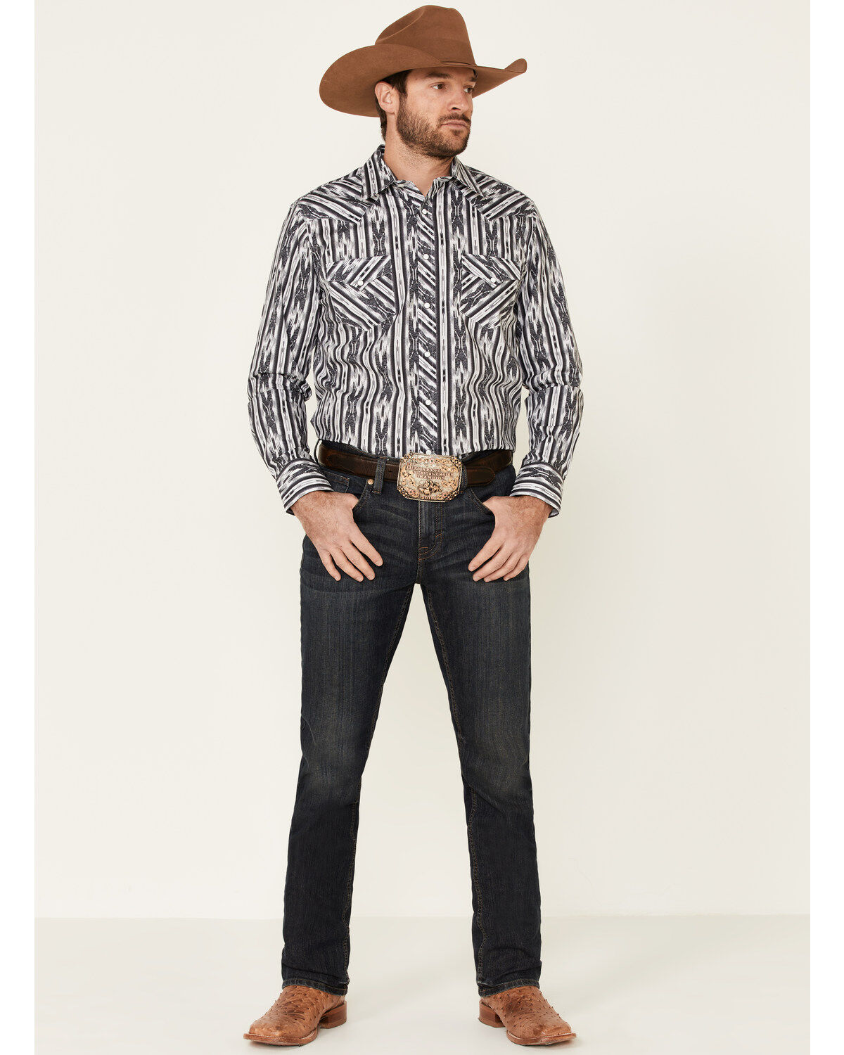 Image #2 - Rock & Roll Denim Men's Southwestern Striped Long Sleeve Snap Western Shirt, Black, hi-res