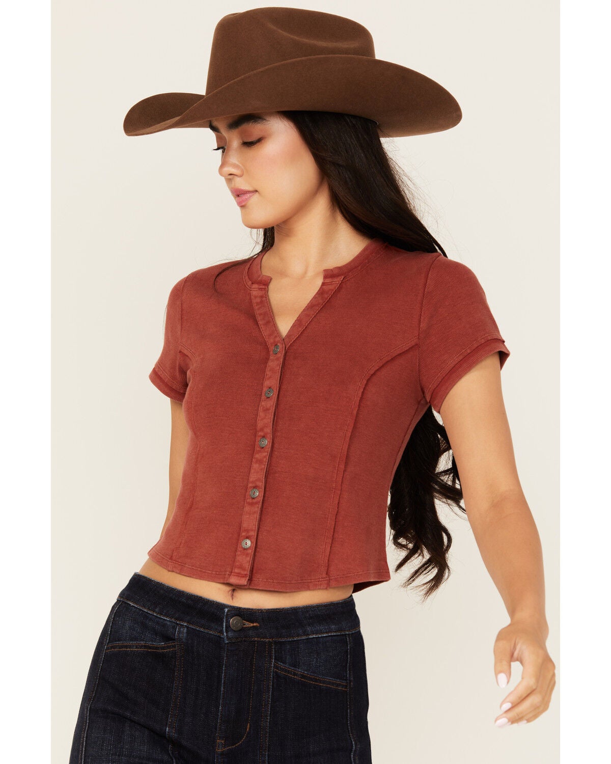 Idyllwind Women's Solid Short Sleeve Button-Down Cropped Tee, Red, hi-res