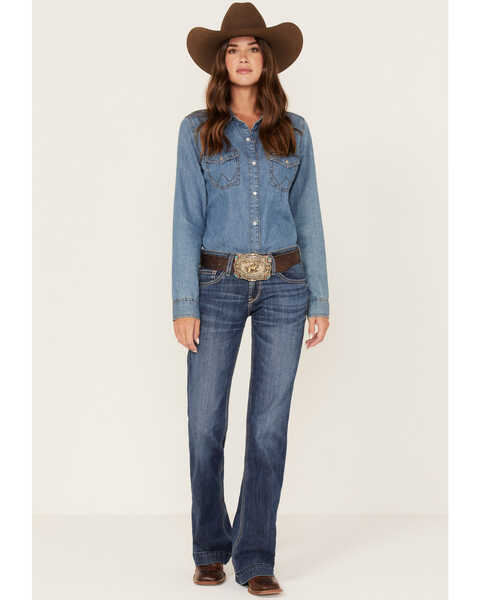 Ariat Women's Medium Wash Mid Rise Amaryllis Stretch Wide Trouser Flare Jeans, Blue, hi-res