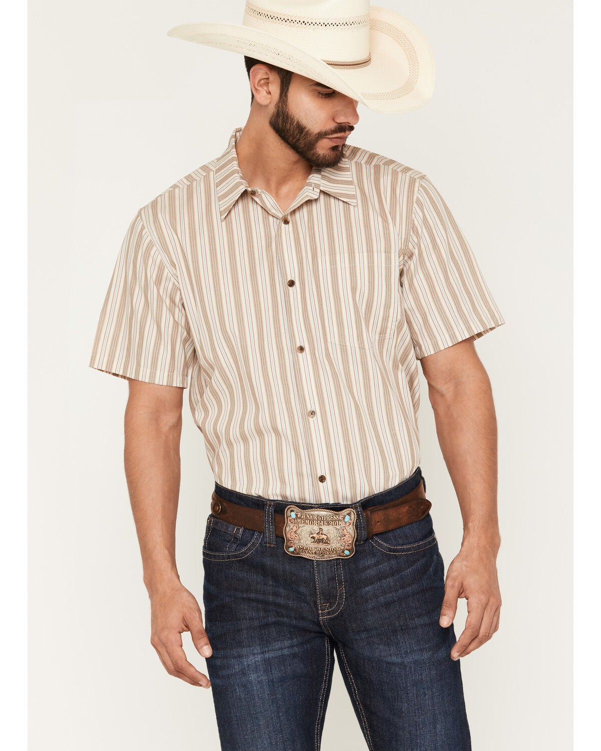 Gibson Trading Co Men's Canyon Striped Short Sleeve Button-Down Western Shirt, Tan, hi-res