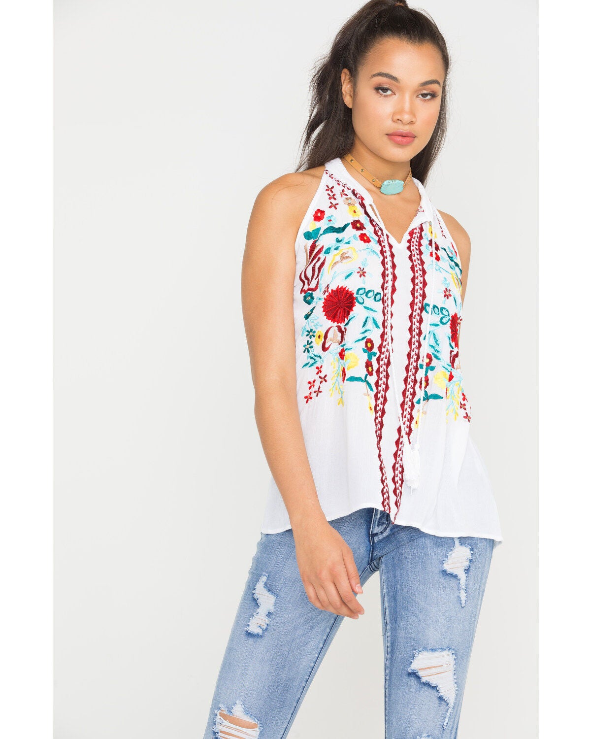 Image #1 - Scully Women's Honey Creek Embroidered Tassel Tank, White, hi-res