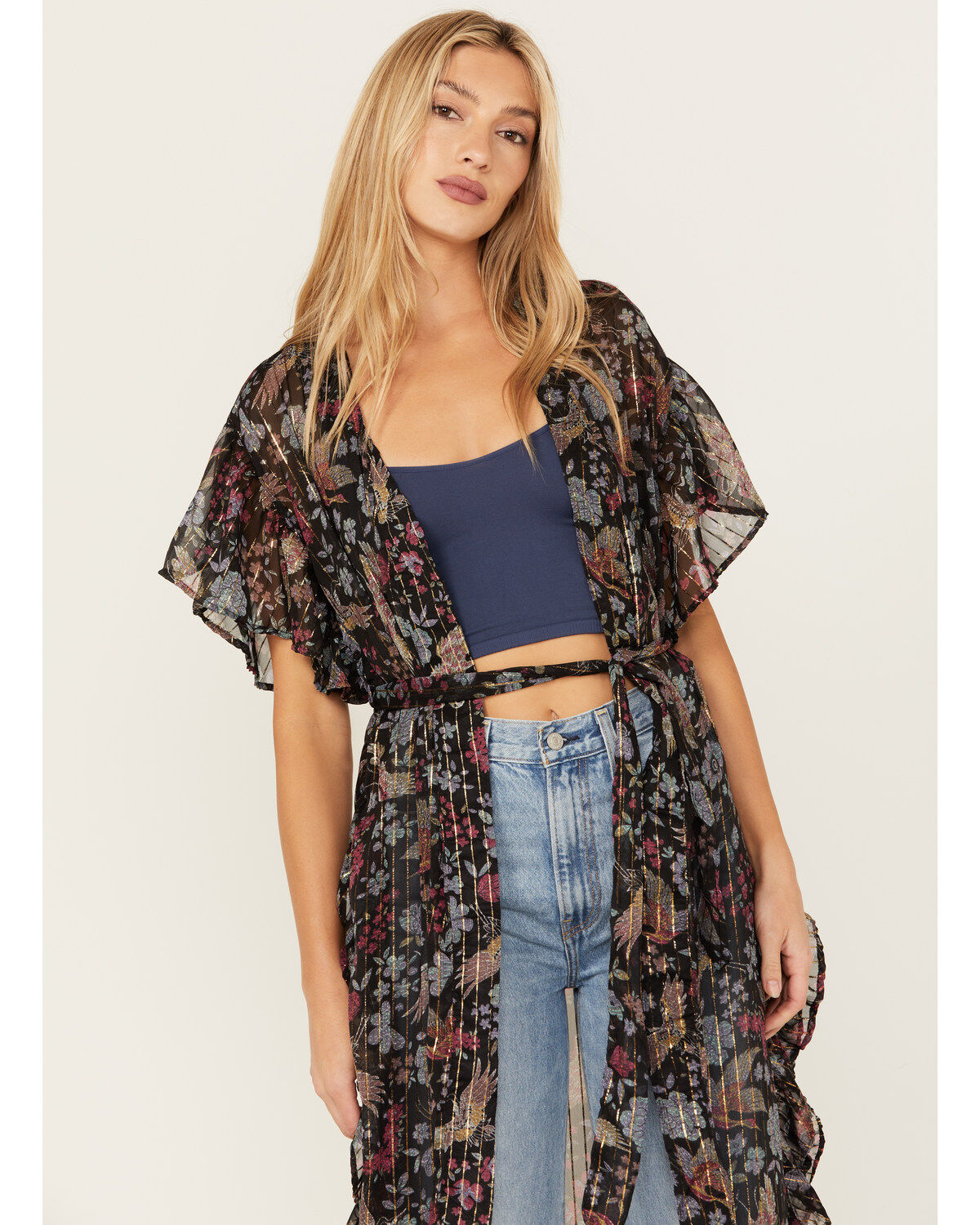 Image #2 - Angie Women's Floral Bird Print Ruffle Kimono, Black, hi-res