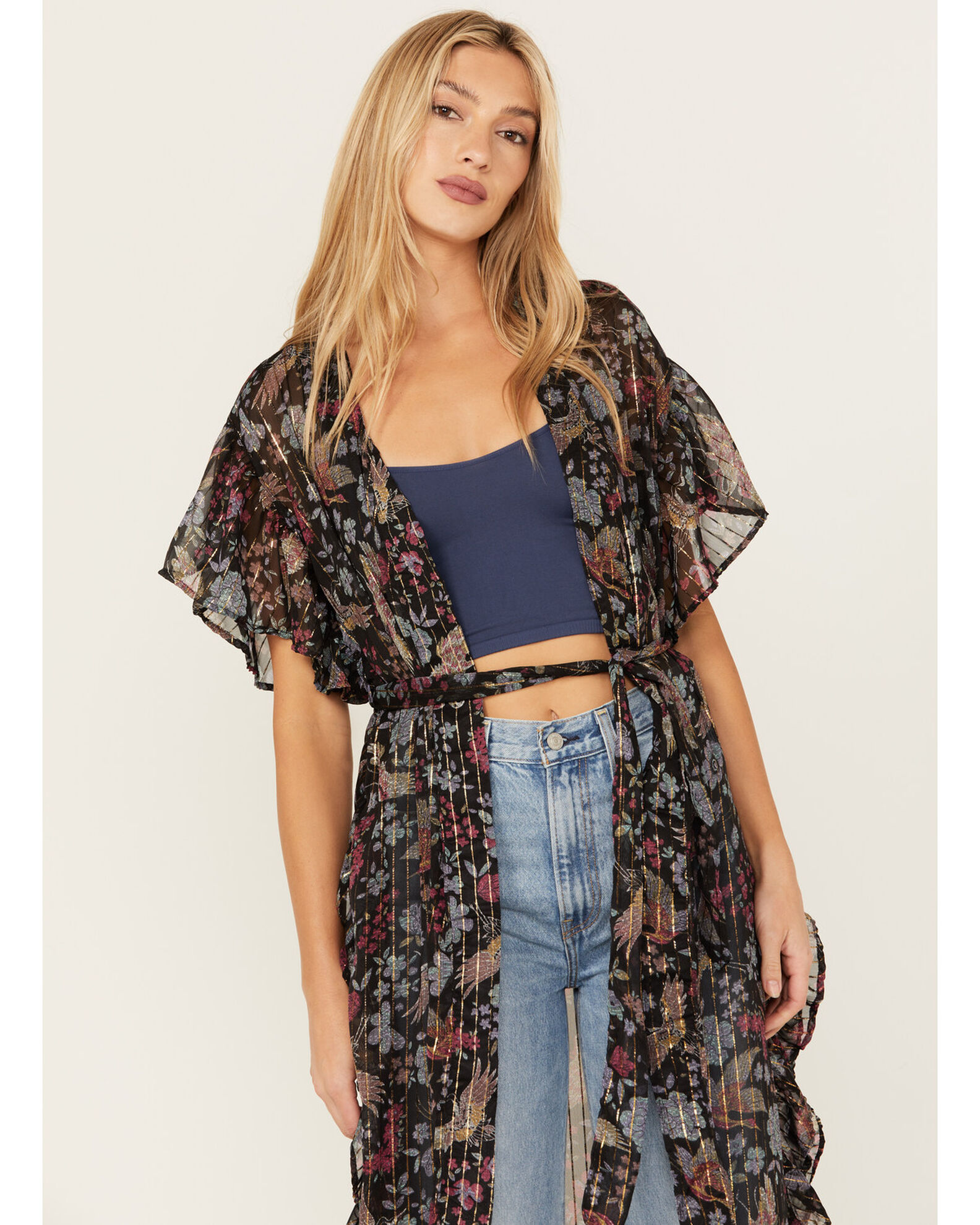 Angie Women s Floral Bird Print Ruffle Kimono
