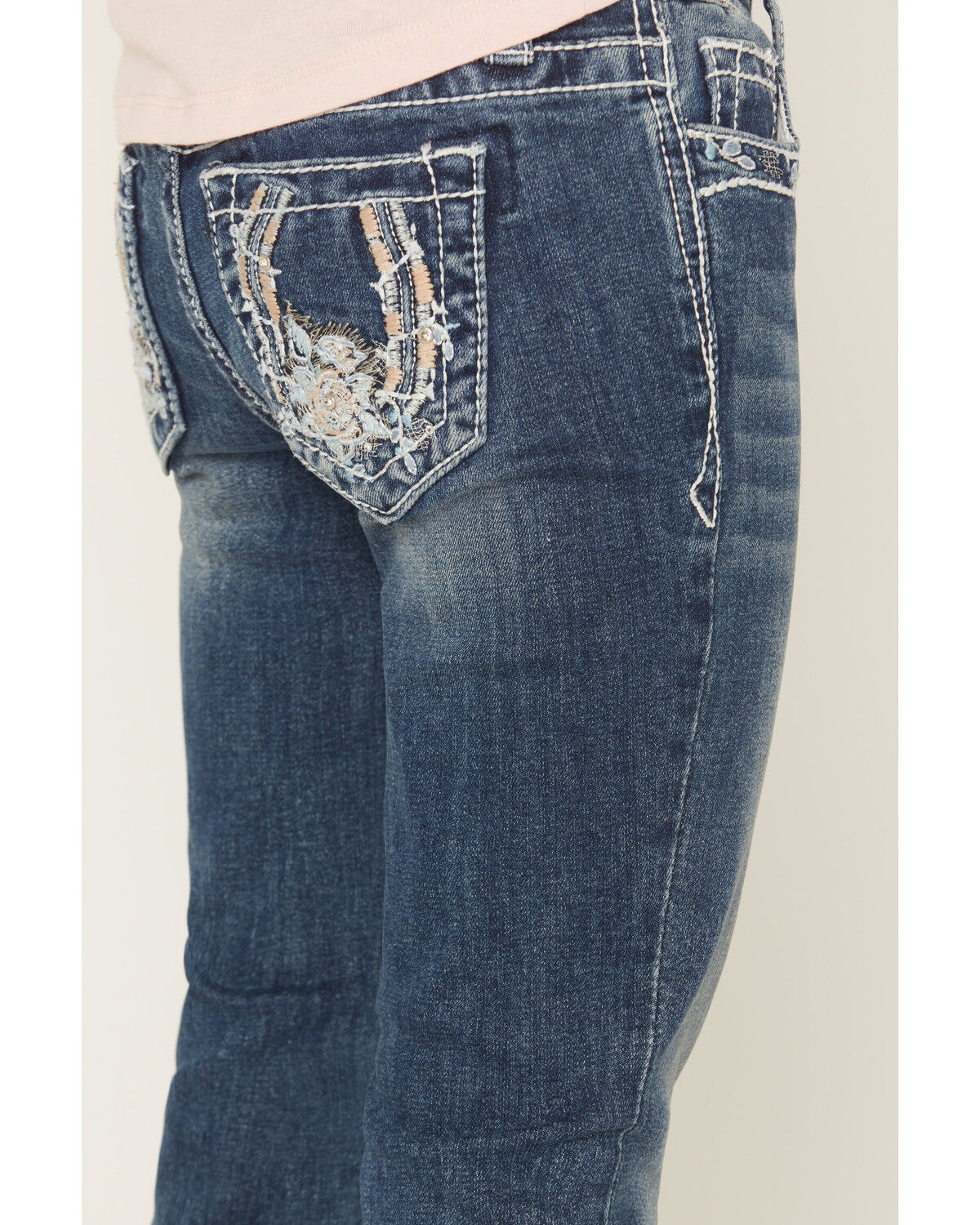 Grace LA Girls' Dark Wash Floral Horseshoe Pocket Bootcut Stretch Denim Jeans