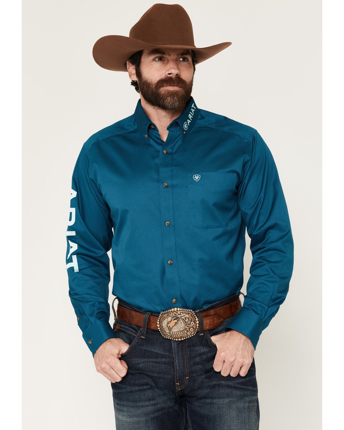 Ariat Men's Team Logo Solid Long Sleeve Button-Down Western Shirt, Teal, hi-res