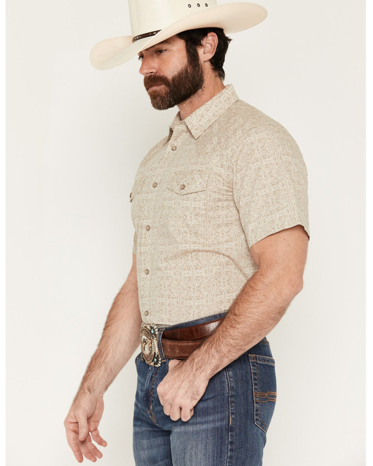 Image #2 - Gibson Trading Co Men's Timeless Medallion Print Short Sleeve Snap Western Shirt - Big, Tan, hi-res