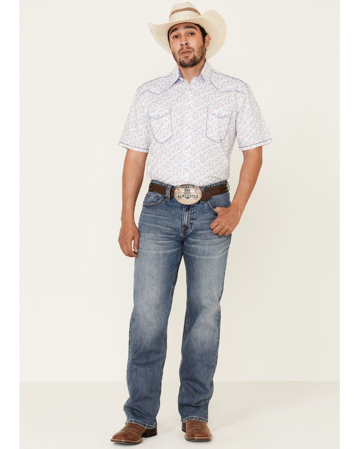 Image #2 - Rough Stock By Panhandle Royal Americana Print Short Sleeve Western Shirt, Royal Blue, hi-res