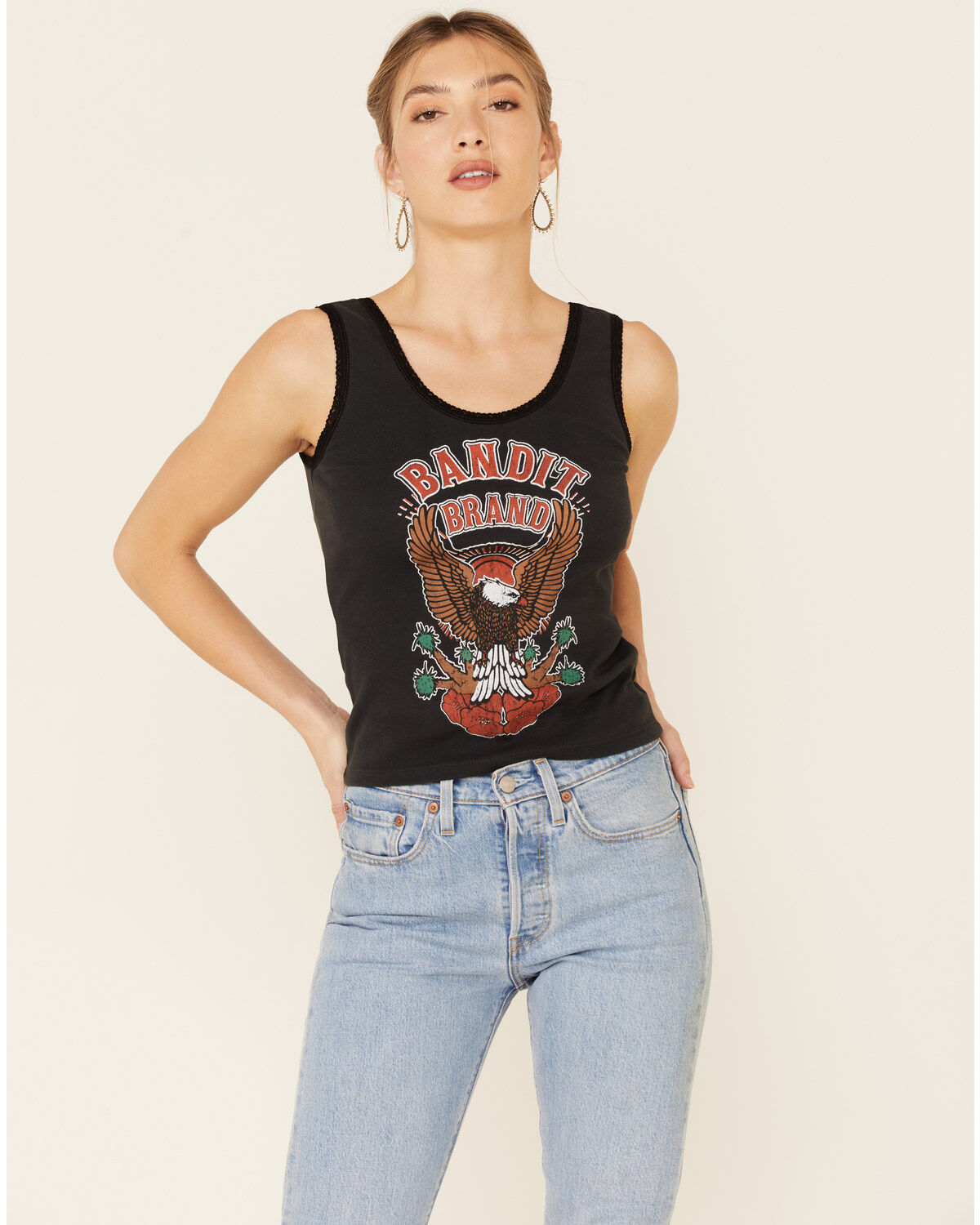 Image #1 - Bandit Brand Women's Bandit Brand Eagle Graphic Lace Trim Tank Top, Black, hi-res