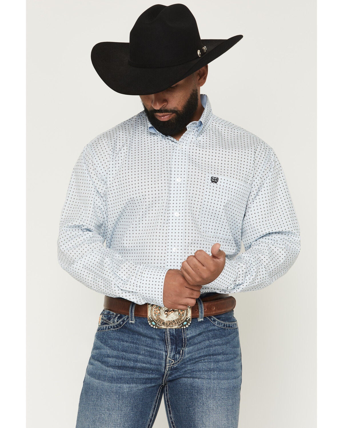 Cinch Men's Floral Geo Print Long Sleeve Button-Down Western Shirt, Light Blue, hi-res