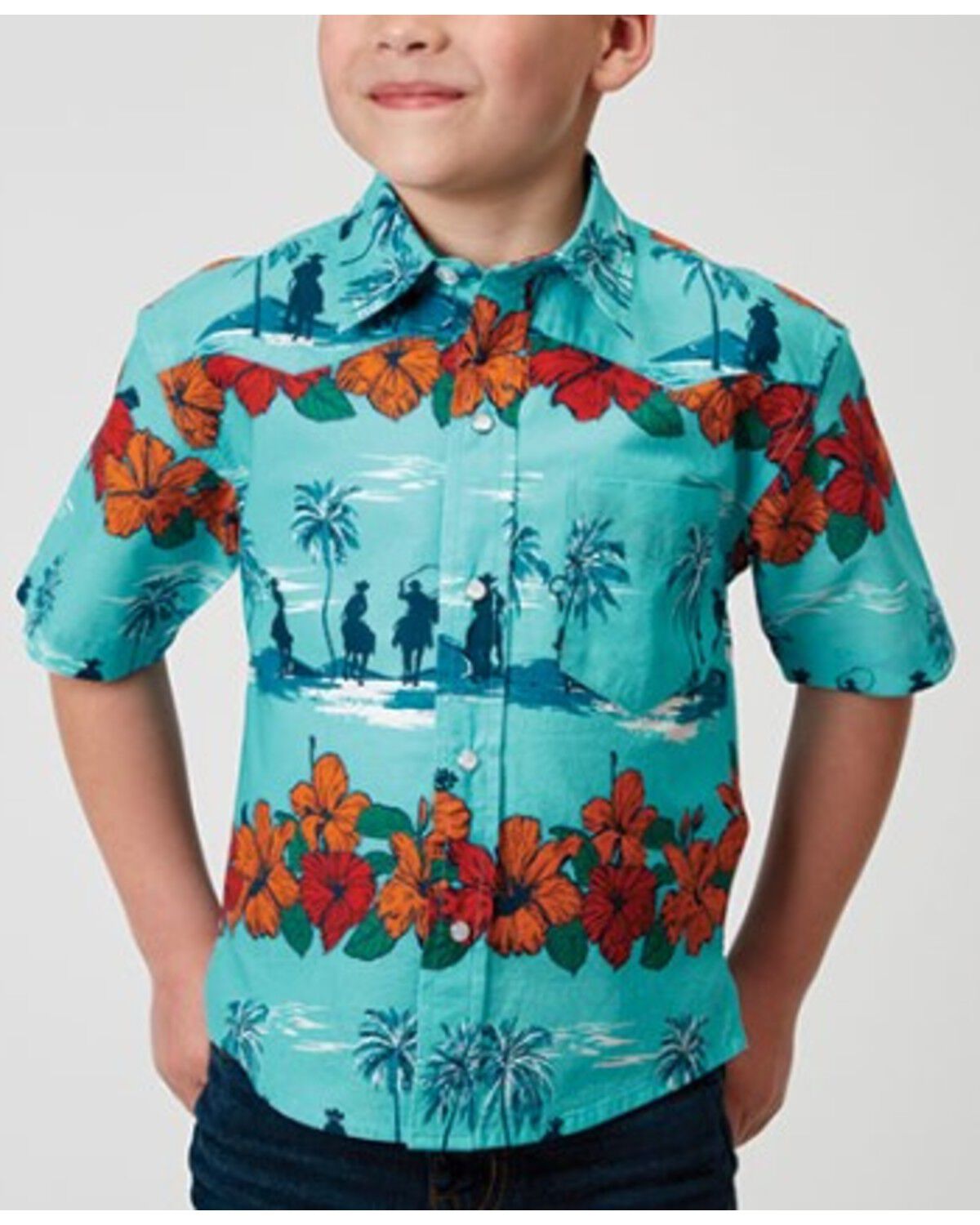 Roper Boys' Cowboy Floral Print Short Sleeve Snap Western Shirt, Blue, hi-res