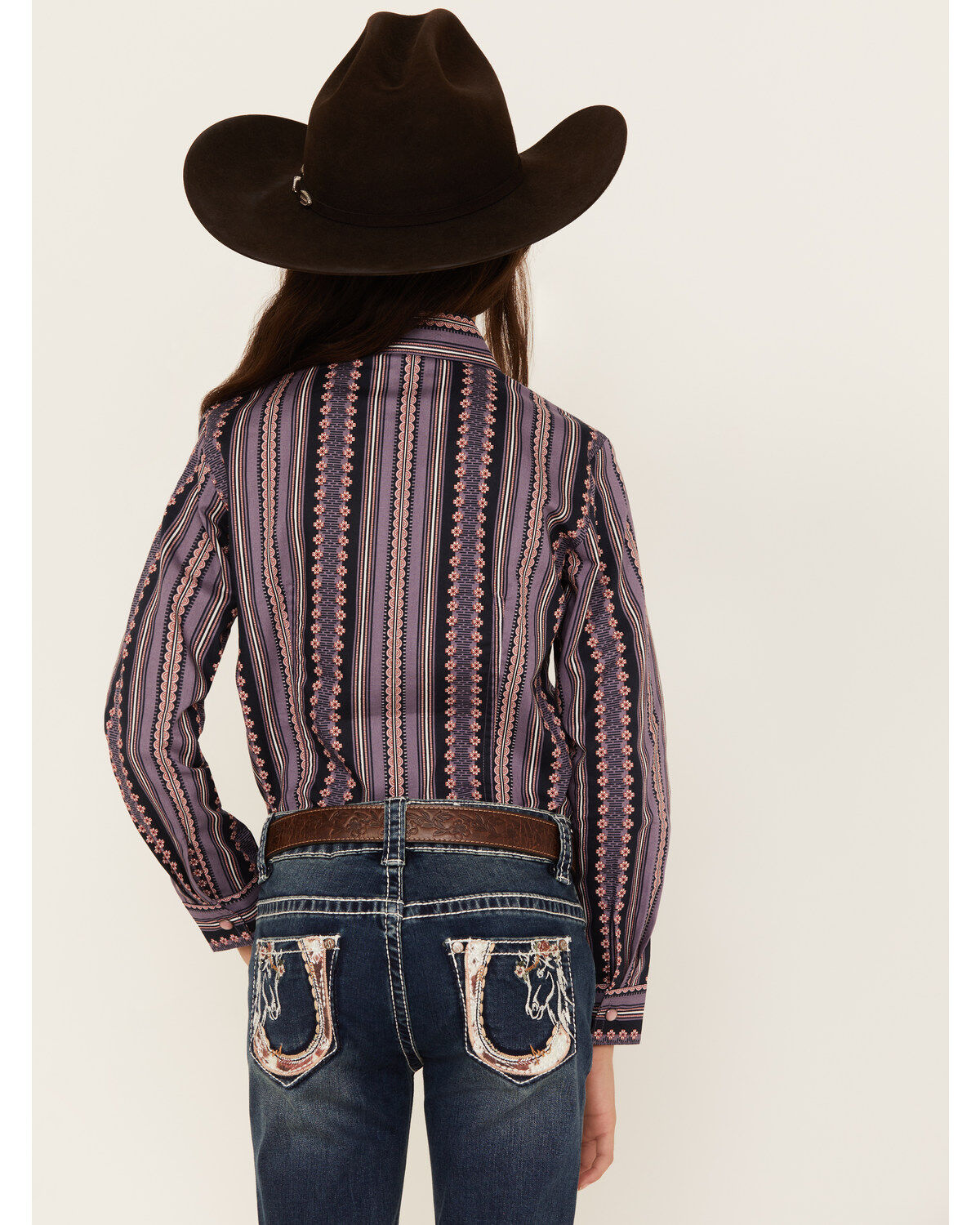 Image #4 - Cruel Girl Girls' Wallpaper Stripe Print Long Sleeve Western Pearl Snap Shirt, Purple, hi-res
