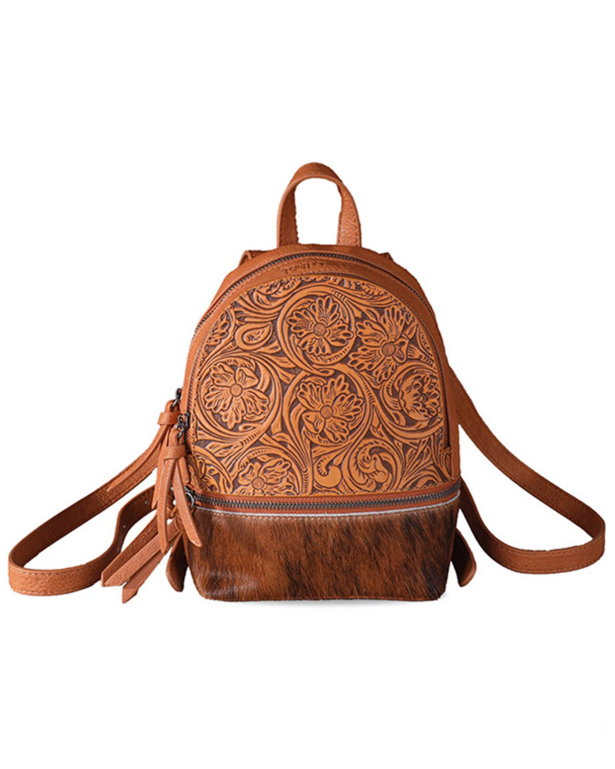 Trinity Ranch Women's Hairon Cowhide Tooled Mini Backpack, Lt Brown, hi-res