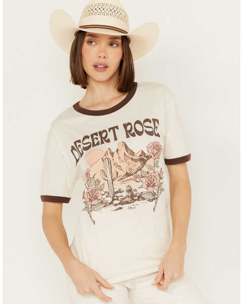 Youth in Revolt Women's Scenic Desert Rose Short Sleeve Ringer Graphic Tee, Ivory, hi-res