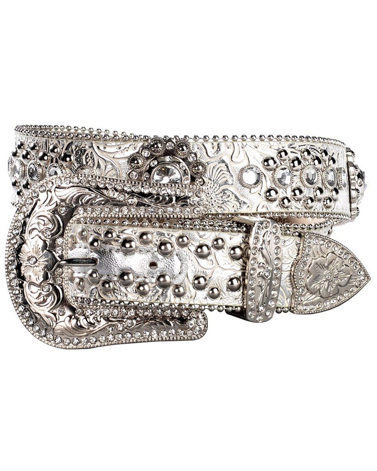 Image #1 - Blazin Roxx Floral Concho & Crystal Metallic Silver Leather Belt, Silver, hi-res
