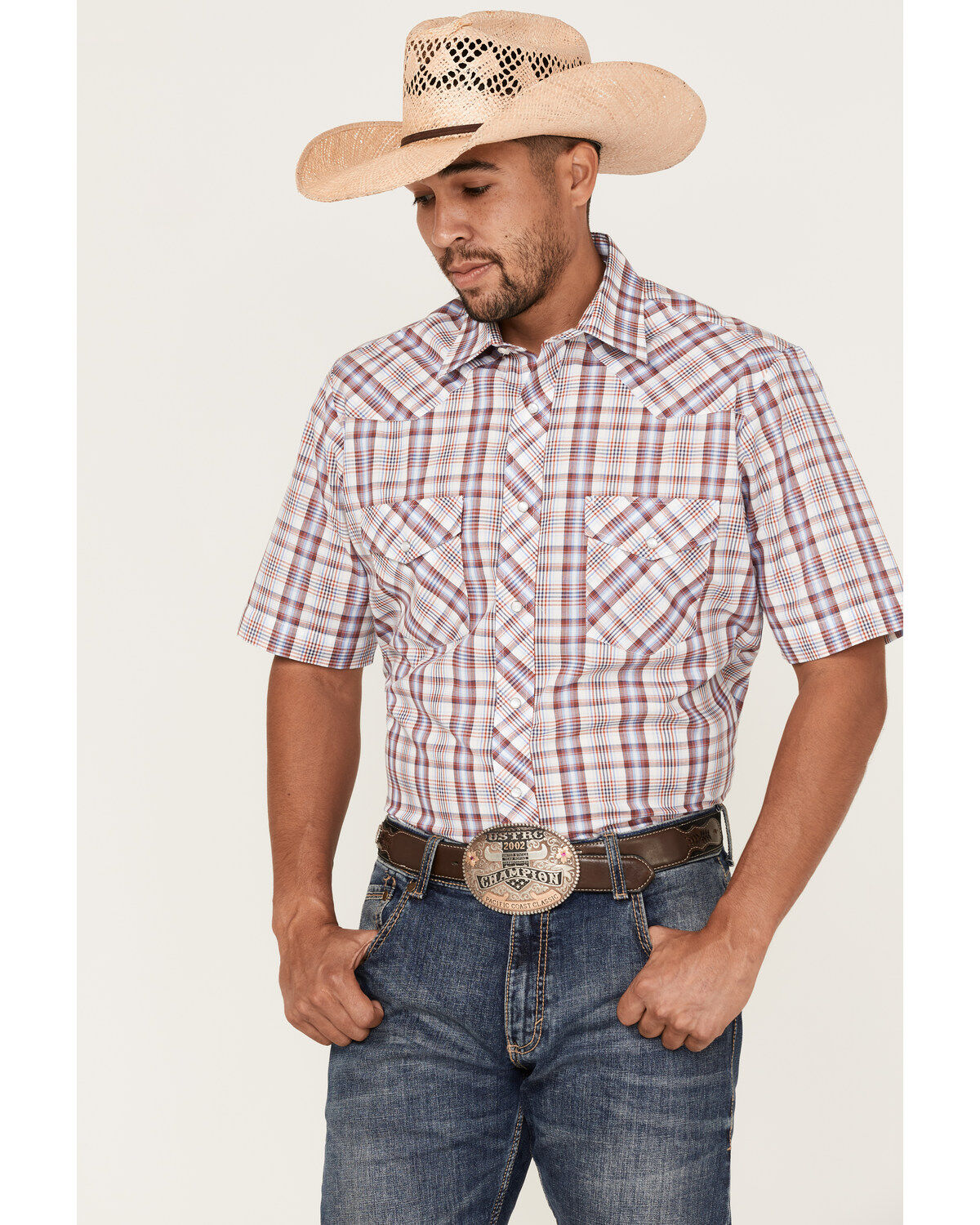 Image #1 - Roper Men's Classic Plaid Short Sleeve Pearl Snap Western Shirt, , hi-res