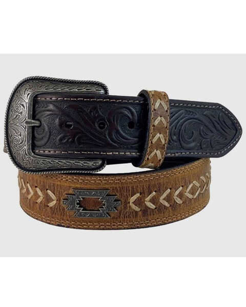 Roper Men's Floral Tooled Tab Heavy Cord Arrow & Southwestern Concho Leather Belt, Natural, hi-res