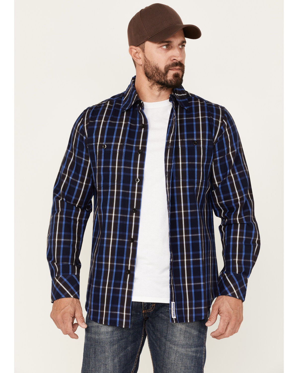 Resistol Men's Louisville Large Plaid Long Sleeve Button Down Shirt, Dark Blue, hi-res