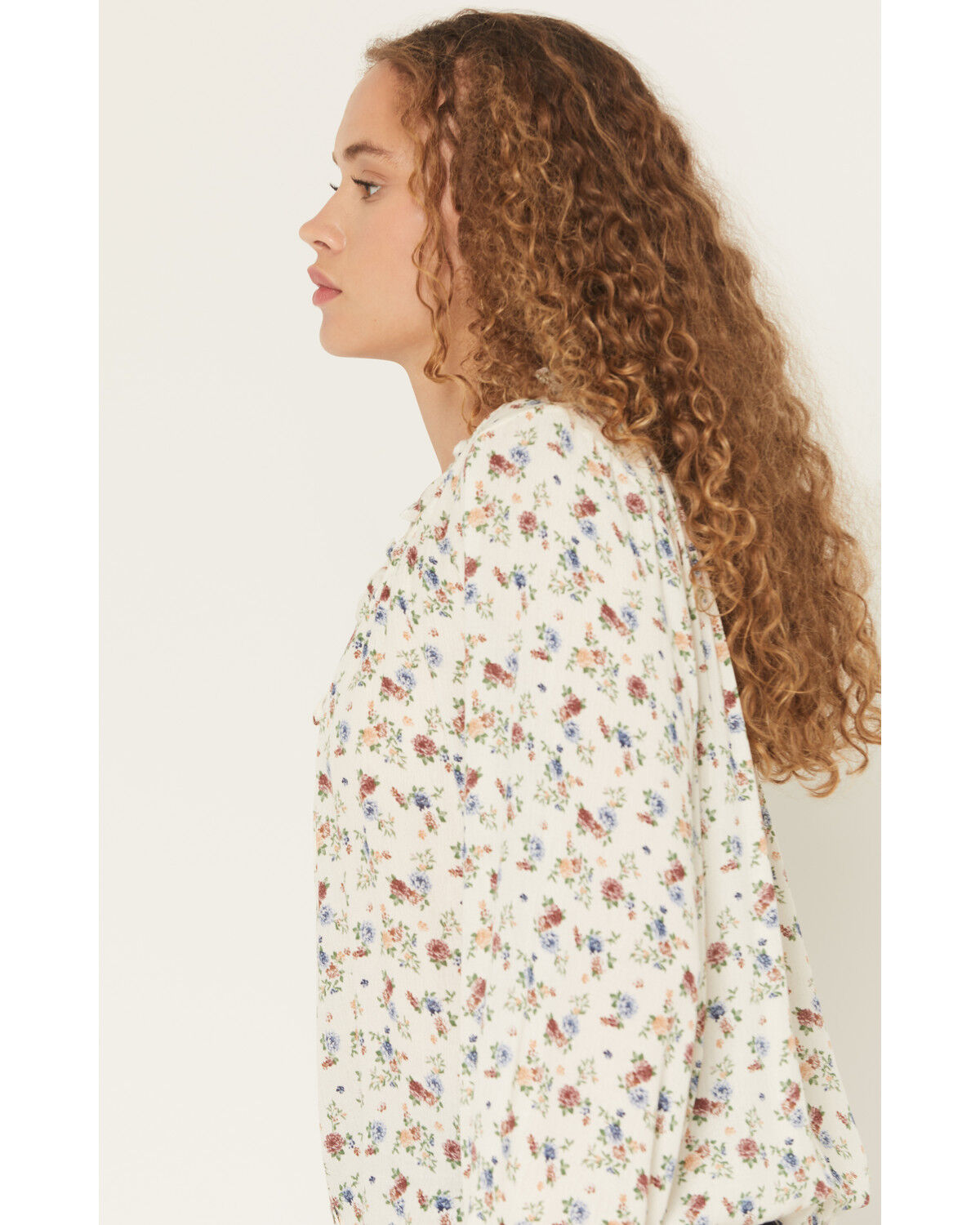 Image #2 - Wild Moss Women's Floral Print Long Sleeve Elastic Hem Peasant Top, Ivory, hi-res
