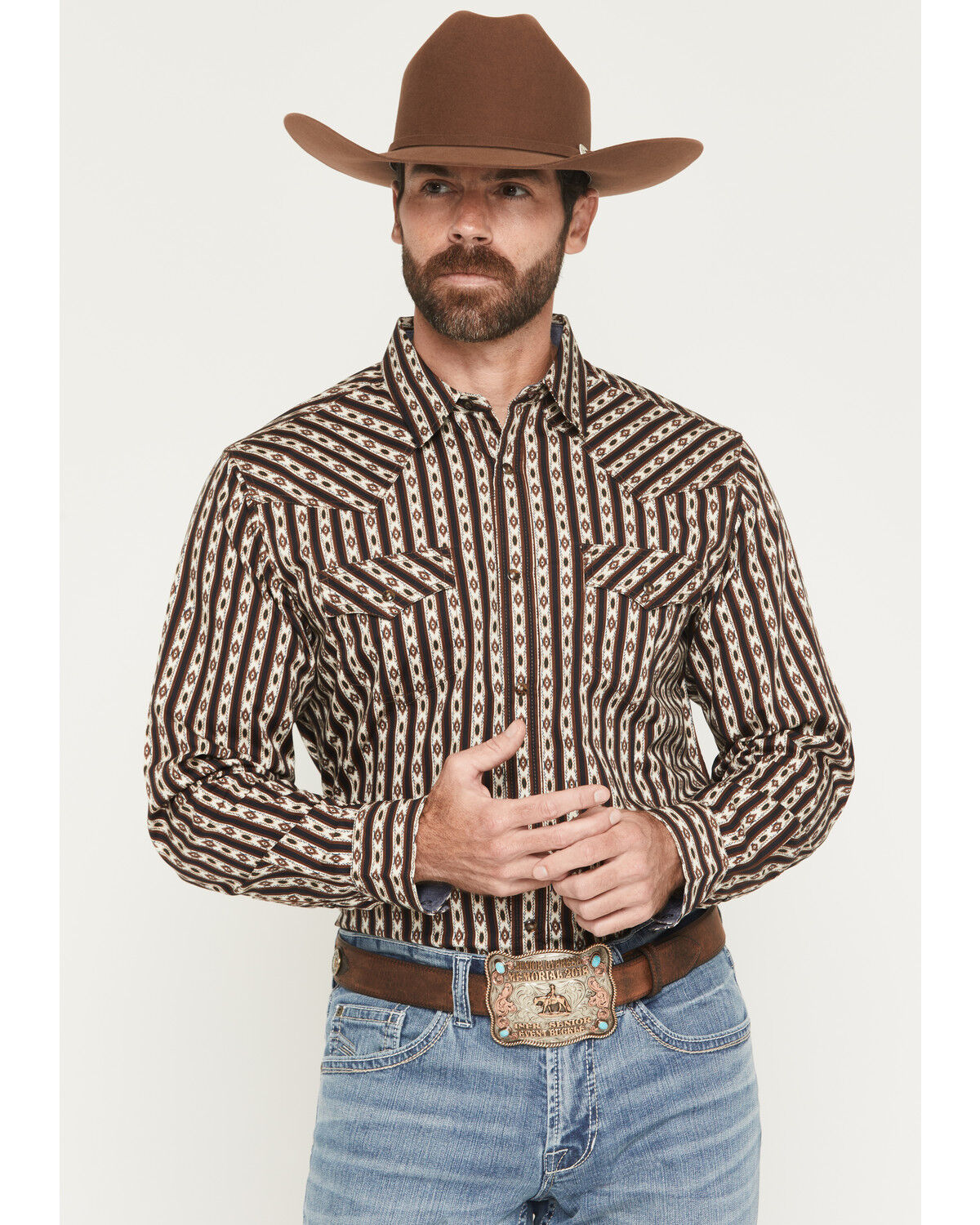 Image #1 - Cody James Men's Cowboys Legacy Southwestern Striped Long Sleeve Snap Western Shirt, Brown, hi-res