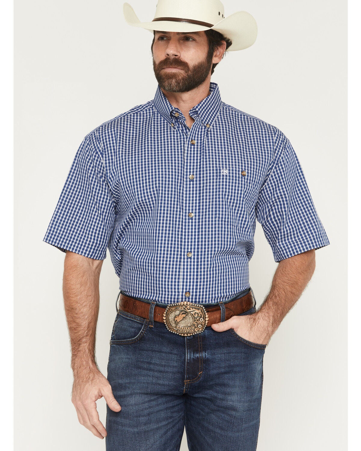 Wrangler Men's Classics Plaid Print Short Sleeve Button-Down Western Shirt, Blue, hi-res