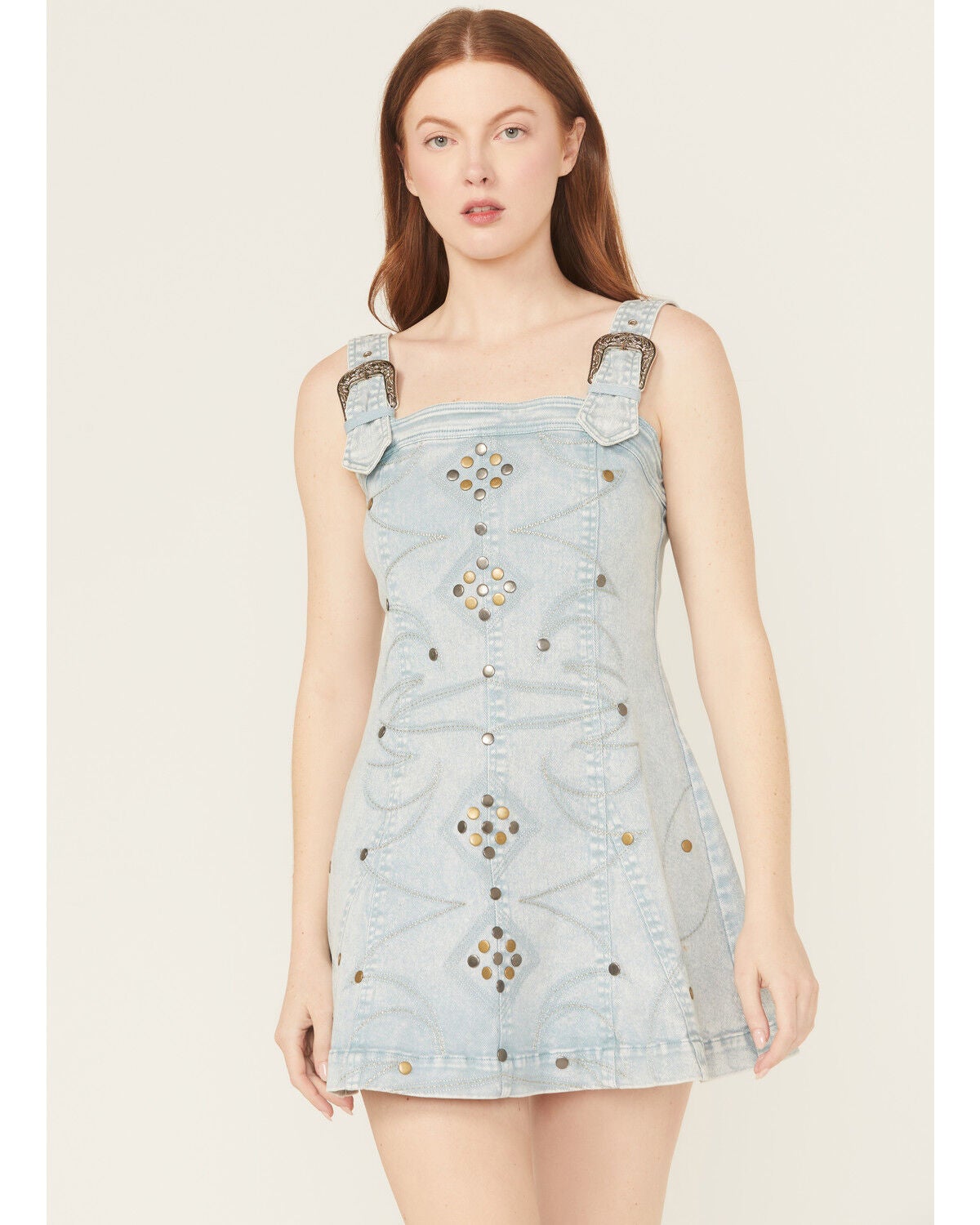 Blue B Women's Light Wash Embellished Buckle Strap Denim Mini Dress, Light Wash, hi-res