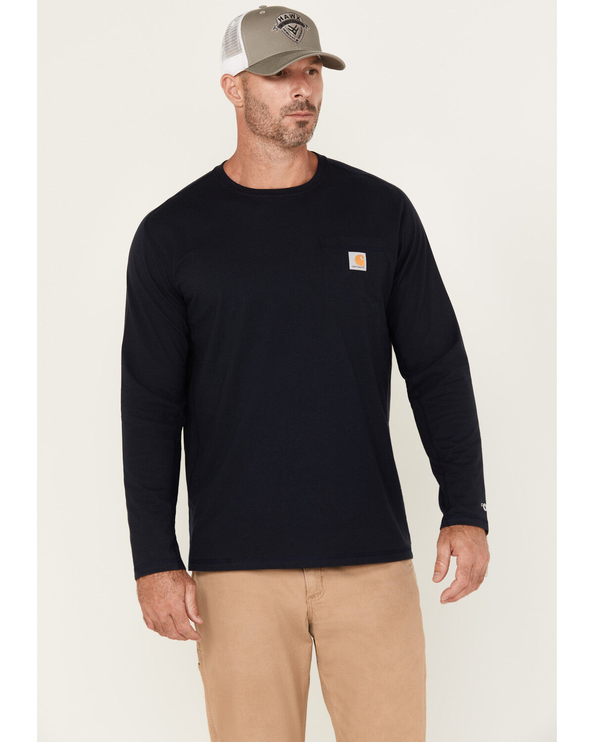 Image #1 - Carhartt Men's Force Relaxed Midweight Long Sleeve Pocket T-Shirt, Navy, hi-res