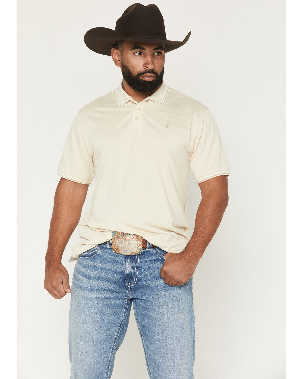 Image #1 - Ariat Men's Fitted Logo Short Sleeve Polo, Cream, hi-res