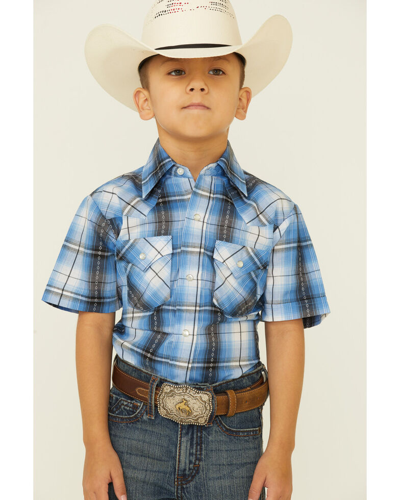 Ely Walker Boys' Dobby Plaid Short Sleeve Snap Western Shirt , Blue, hi-res