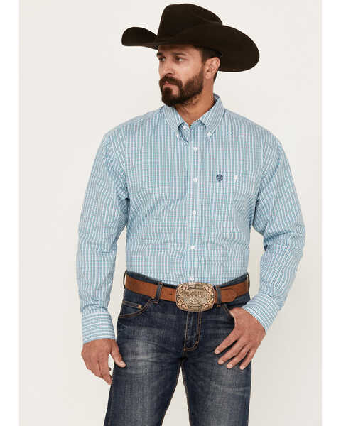 George Strait by Wrangler Men's Plaid Print Long Sleeve Button-Down Western Shirt, Aqua, hi-res