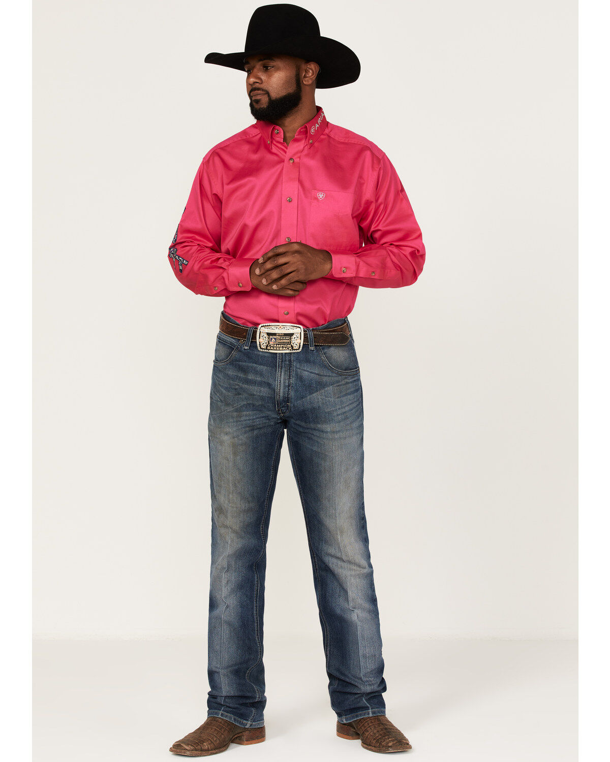 Image #2 - Ariat Men's Leather Tool Solid Pink Team Logo Long Sleeve Button-Down Western Shirt, Pink, hi-res