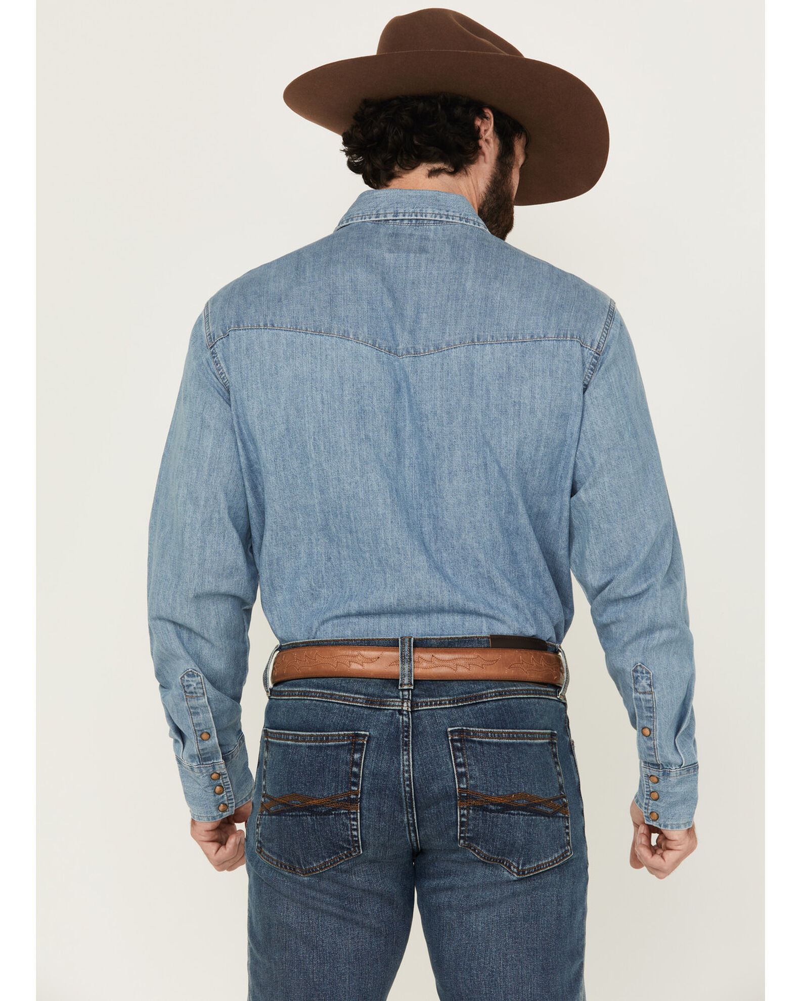 Image #4 - Wrangler Men's Light Wash Denim Long Sleeve Snap Western Shirt, Light Wash, hi-res