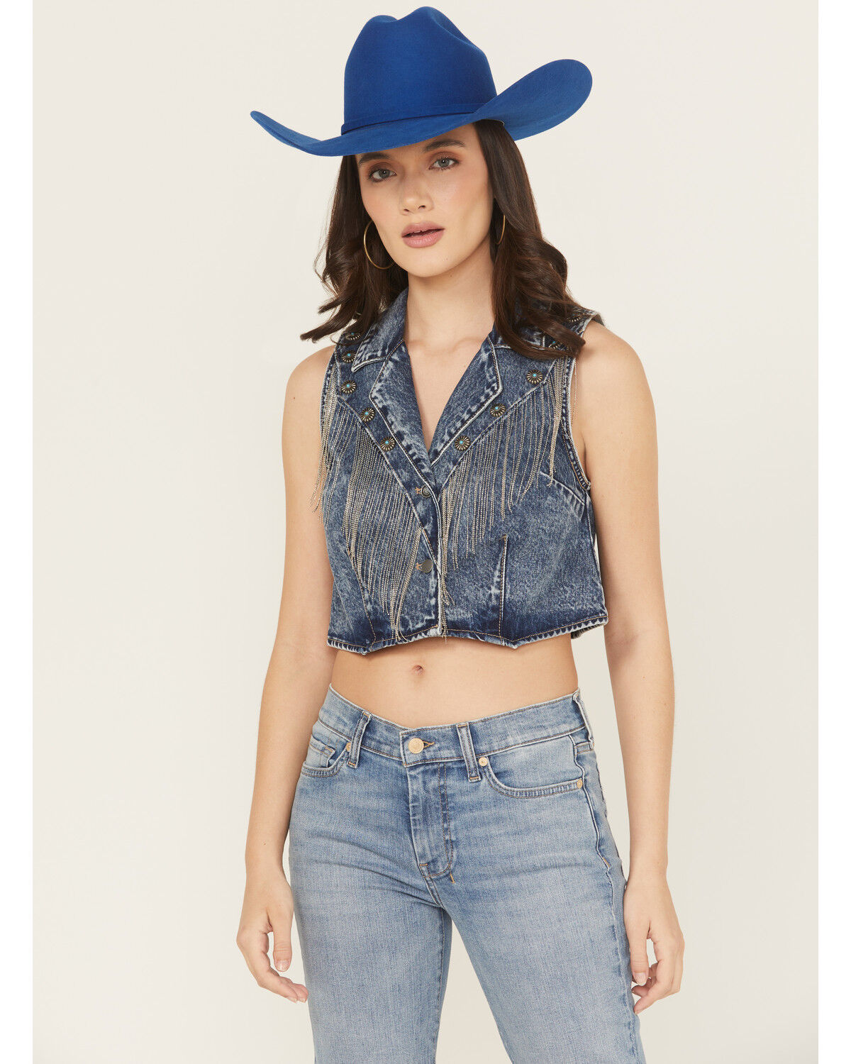 Rock & Roll Denim Women's Denim Fringe Concho Vest, Blue, hi-res